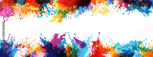 Rainbow paint splash baner. Top and down borders. Flowing ink decoration. Colorful liquid in motion. Vector isolated design element on the transparent background.
