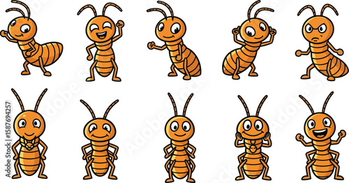 Cartoon vector set of cheerful orange ants in various poses and expressions isolated on white background.