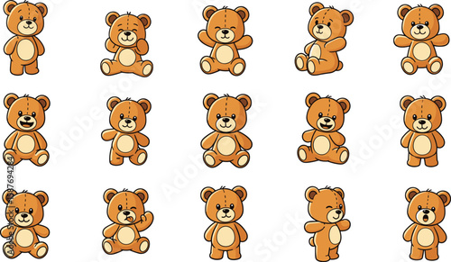 Fifteen cute cartoon teddy bear characters with various poses and expressions isolated on a white background.