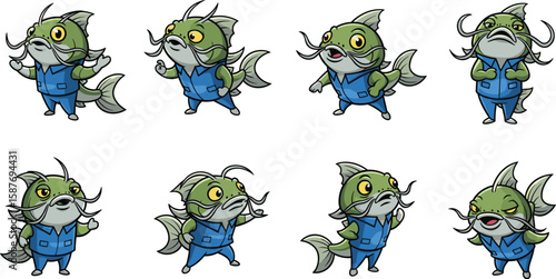 Cartoon catfish characters set wearing work clothes in different poses, emotions, and expressions vector illustration