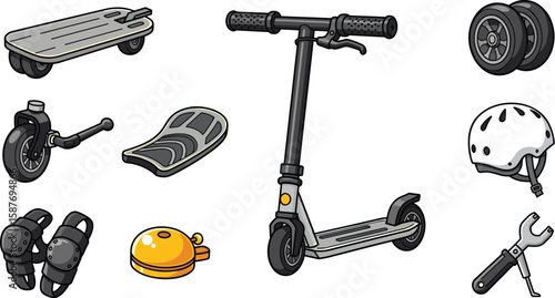 Cartoon illustration of scooter parts and safety gear isolated on white background