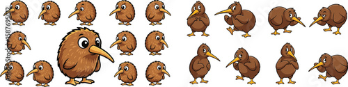 Collection of cartoon kiwi birds in various poses, standing, walking, with different expressions isolated on white.