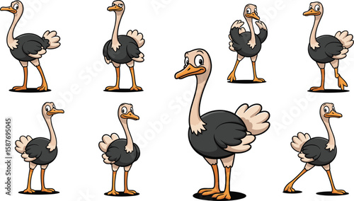 Cartoon ostrich poses collection vector illustration
