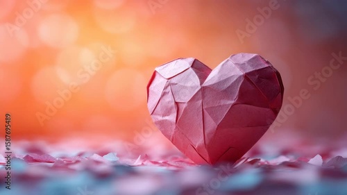 Origami heart paper craft with pink petals and soft bokeh background, showcasing delicate texture and light in romantic warm atmosphere full of love and creativity