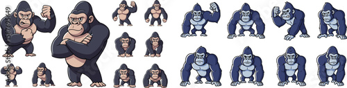 Vector set of cartoon gorillas in various poses and moods, isolated on white background