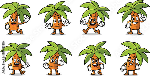 Cartoon set of happy palm tree mascot characters in various poses isolated on white.