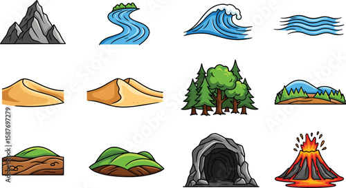 Cartoon landscape elements set with mountain, river, wave, sand dune, forest, hill, cave, volcano, and wave.