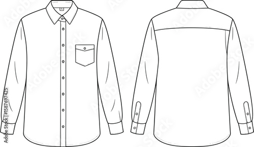 Men’s Button Down Shirt Technical Flat Sketch, Vector Fashion CAD Drawing, Long Sleeve Shirt Template, Apparel Design Illustration