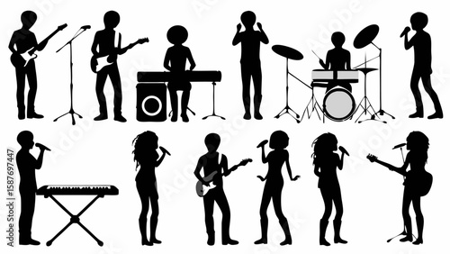 Silhouette illustration of a musical band performing with instruments and vocalists on a white background
