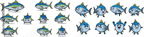 Cartoon tuna fish character collection with various poses and expressions, isolated on white.
