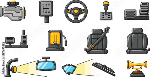 Cartoon set of car parts and interior components in vector illustration style.