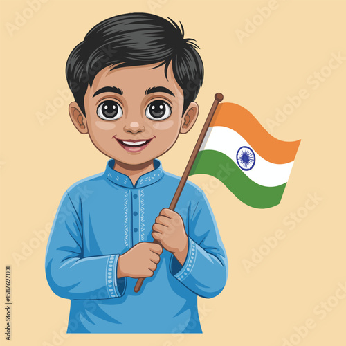 Cartoon boy holding indian flag wearing a blue kurta shirt