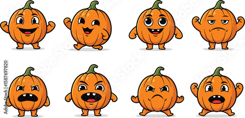 Cartoon pumpkin emoticons vector set. Collection of cute pumpkins with different emotions isolated on white background.