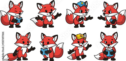 Cartoon fox character poses vector illustration set, reading, talking, wearing hats, in different positions.