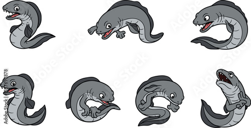 Set of cartoon gray eel characters in different poses with playful expressions.