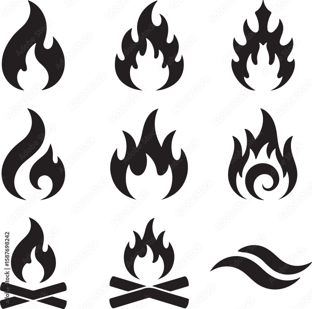 Black flame icons and campfire symbols heat Black flame icons and campfire symbols heat