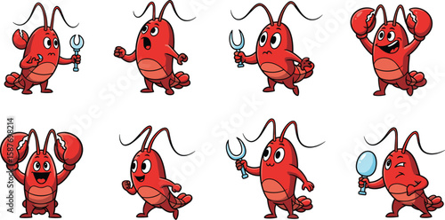 Cartoon set of cute red lobster mascot with different expressions and objects, vector illustration.