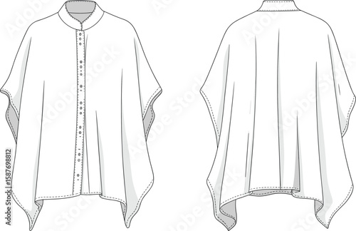 Poncho blouse fashion flat, front and back view, technical clothing drawing, button down cape shirt, sewing vector template illustration