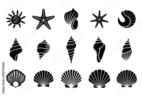Seashell and Marine Life 2 set collection pack black icon silhouette vector flat illustration design on white background
