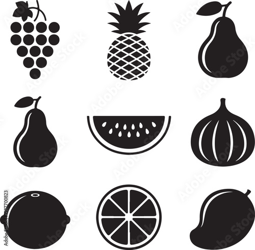 Black fruit icons grapes pineapple pears watermelon fig orange mango