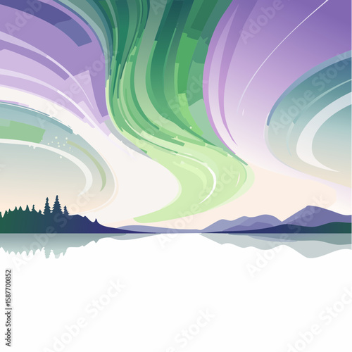 Wavy northern lights glowing above horizon in soft flow patterns and color gradients, stylized in vector form.