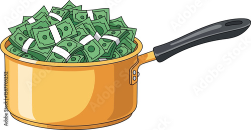 A cartoon illustration of a pot filled with stacks of money on a white background