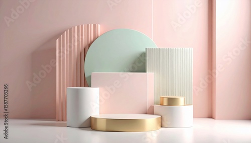 Wallpaper Mural Pastel Geometric Display: Minimalist Pink, Gold, and Green Cylinders and Platforms on a Soft Pink Background Torontodigital.ca