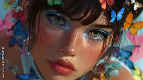 A portrait with Y2K-style makeup and hair.	A close-up beauty portrait of a person with Y2K-style makeup: frosty eyeshadow, glossy lips, and hair styled with butterfly clips or spiky buns.
