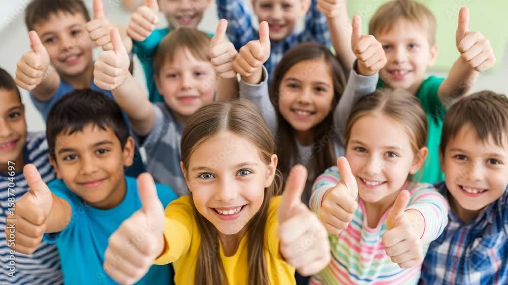 A group of happy children give thumbs up A group of happy children give thumbs up