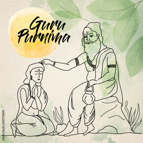 A serene illustration for Guru Purnima, depicting a guru blessing a kneeling disciple with a gentle touch, set against a soft watercolor background with green leaves.