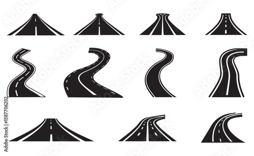 curved road with different line patterns set collection pack black icon silhouette vector flat illustration design on white background