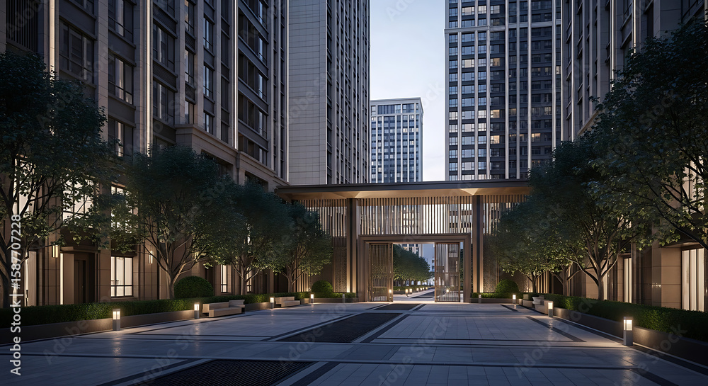 Modern apartment complex entrance at dusk, tree-lined walkway, architectural details. Modern apartment complex entrance at dusk, tree-lined walkway, architectural details.
