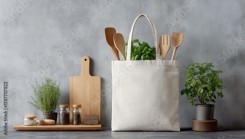 Fototapeta Naklejka Na Ścianę i Meble -  Beige tote bag filled with wooden utensils and fresh herbs, beside wooden cutting boards and spice jars