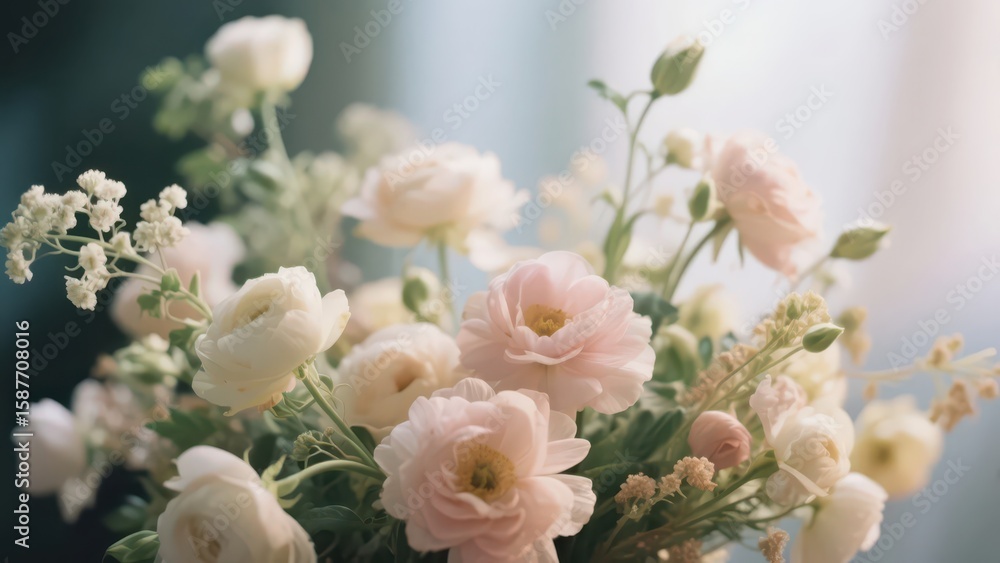 Obraz premium A bouquet with soft - toned colors, featuring light pink roses, paired with fresh complementary flowers and green leaves, placed in an exquisite vase, conveying a romantic, gentle, and healing atmosph