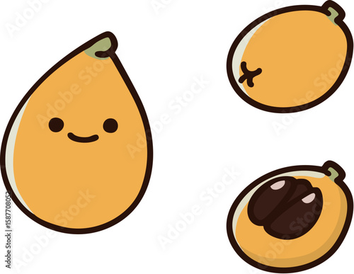 可愛いびわのキャラクターとカットされたびわのイラスト