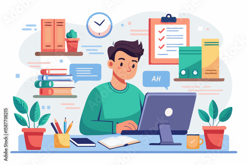 Young man in casual attire working at a desk in a home office setting. Focused on a laptop. surrounded by office supplies and tasks.