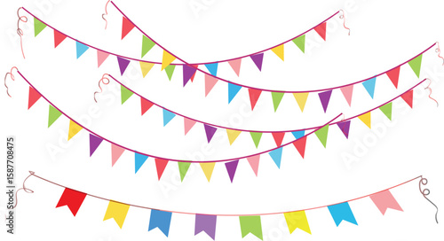 single line art buntings garland. Celebration party hand drawn flags. Vector illustration ,liner style 
