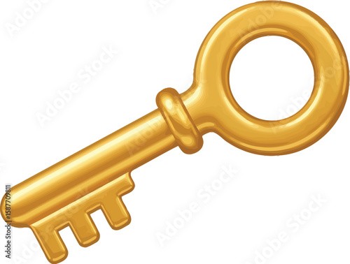 A shiny golden key with a circular head isolated on a clean white background view