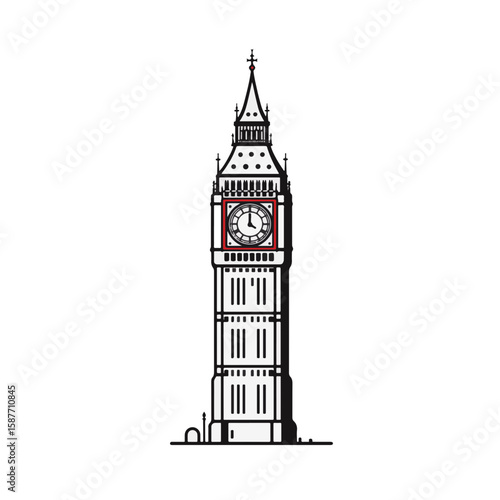 Big Ben in black and white minimalist style with red accent, elegant design