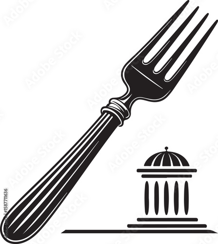 Black fork and building silhouette utensil kitchenware
