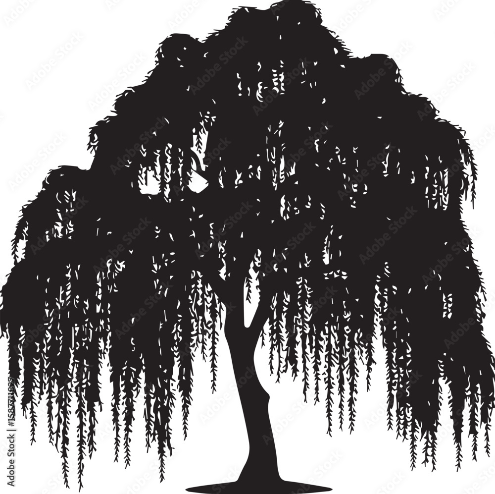 Grunge black tree silhouette with floral splatter and ink texture