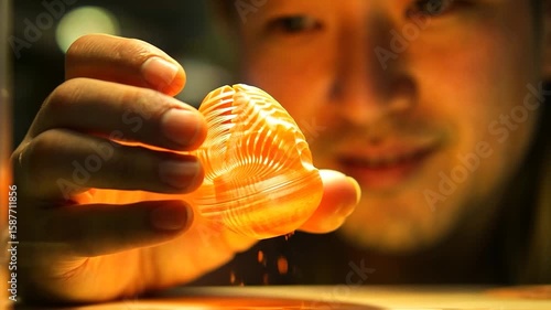 Young Man Examining Illuminated Shell Closeup in Warm Light