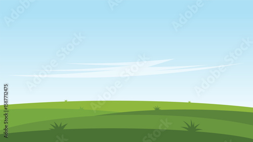 green nature filed with blue sky. landscape cartoon scene background