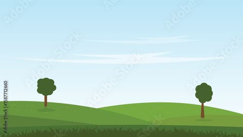 nature landscape cartoon scene. green field with trees and blue sky background