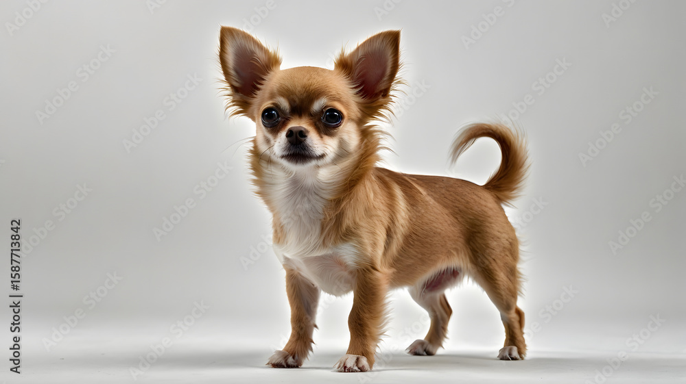 Here's a cute small white chihuahua puppy sitting adorably on a white background Here's a cute small white chihuahua puppy sitting adorably on a white background