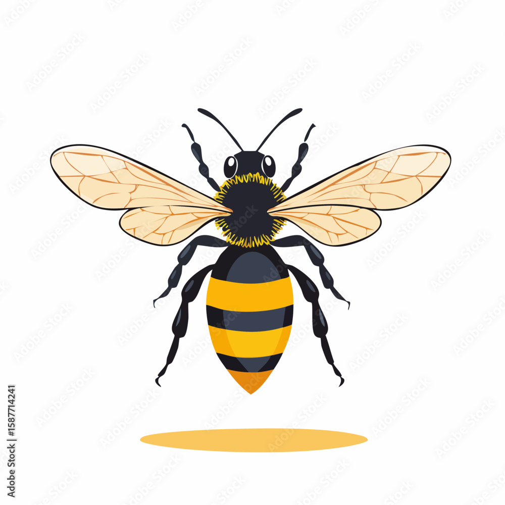 Fototapeta premium Flying bee shown in dynamic pose, with wings lifted and body angled in motion, drawn in clean vector form.