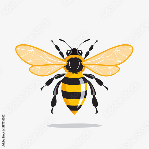 Flying bee shown in dynamic pose, with wings lifted and body angled in motion, drawn in clean vector form.