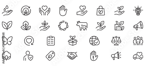 Ethical Production Line Icons Pack – Icons Representing Fair Trade, Sustainable Practices, Eco-Friendly Manufacturing, and Ethical Labor