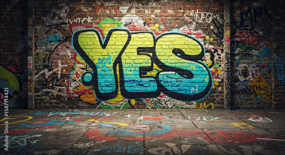Obraz premium Colorful graffiti artwork with the word “YES” on a brick wall