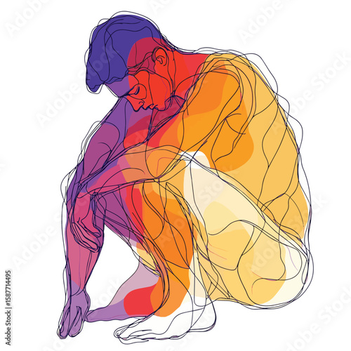Continuous line drawings of man feeling sad, tired and worried about suffering from depression in mental health